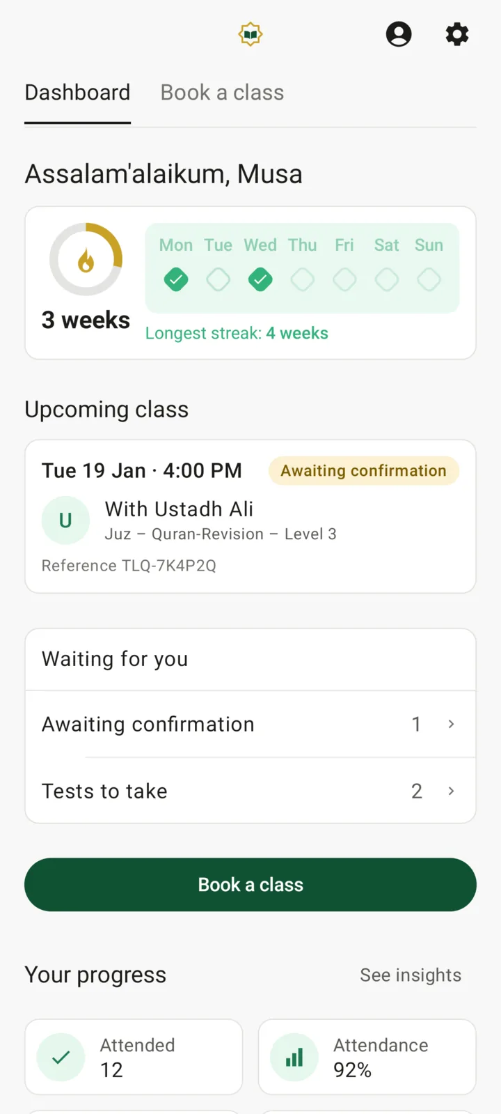 The app's Home screen: greeting, week streak, next class and Book a class